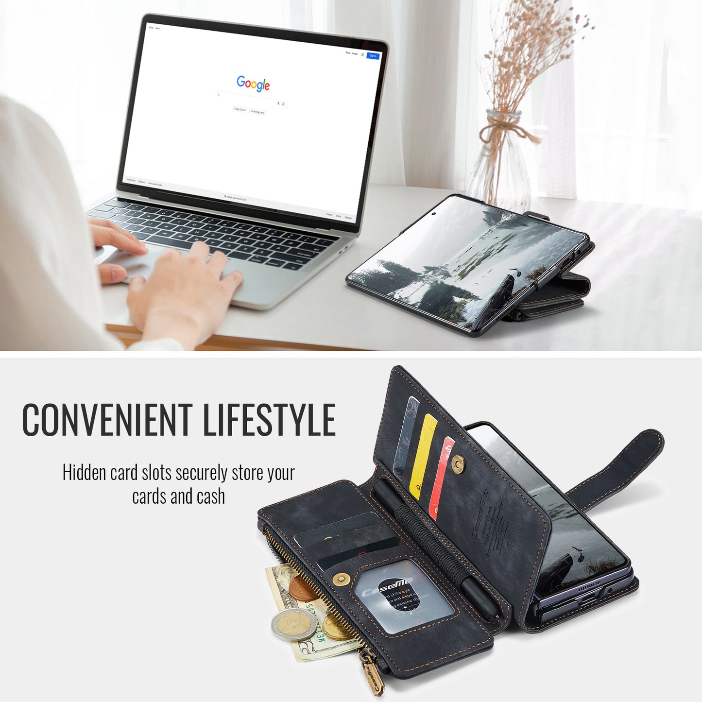 For Samsung Galaxy Z Fold7 5G Phone Cases with Strap CASEME C30 Zipper Multiple Card Holder PU Leather Cover - Black