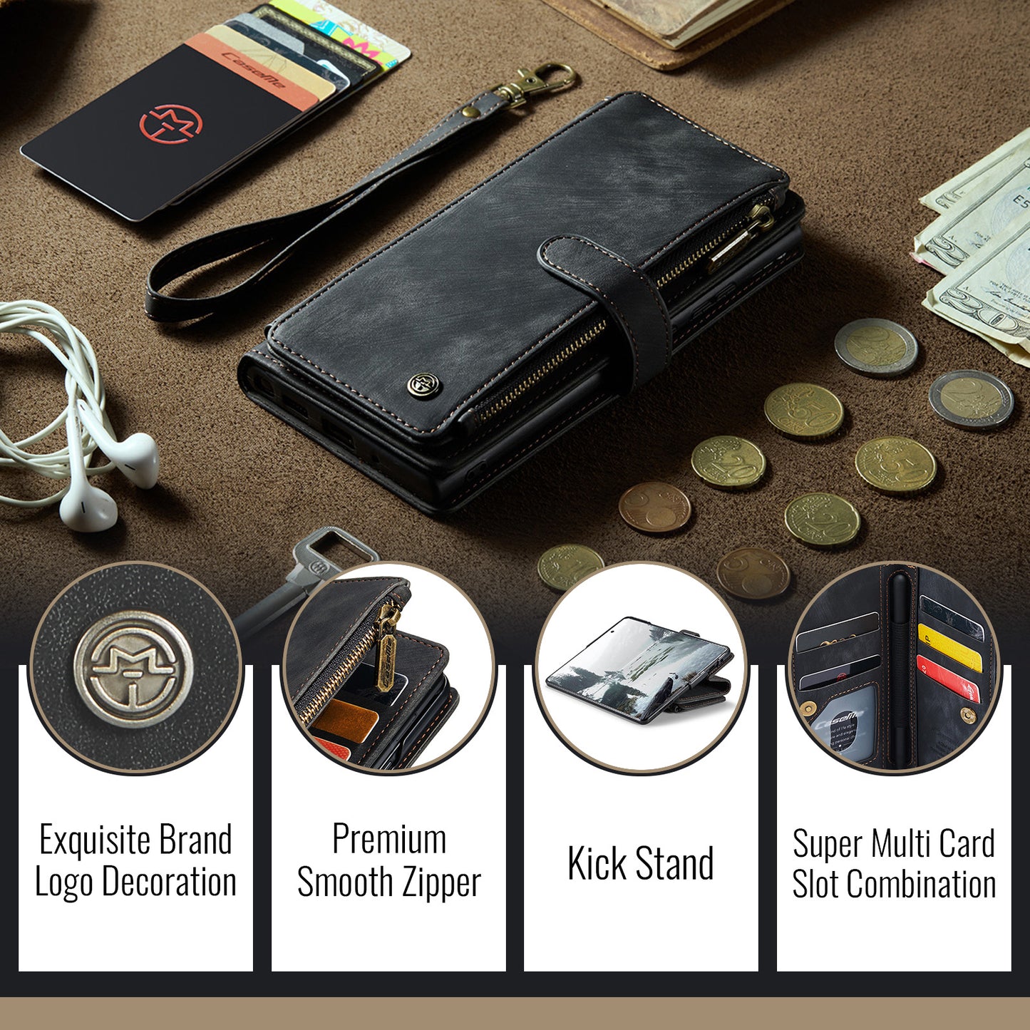 For Samsung Galaxy Z Fold7 5G Phone Cases with Strap CASEME C30 Zipper Multiple Card Holder PU Leather Cover - Black