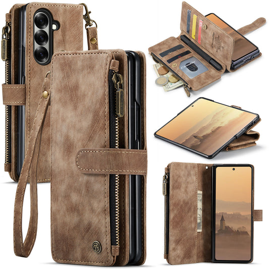 For Samsung Galaxy Z Fold7 5G Phone Cases with Strap CASEME C30 Zipper Multiple Card Holder PU Leather Cover - Brown
