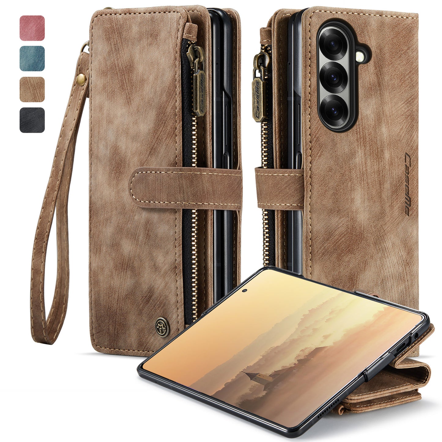 For Samsung Galaxy Z Fold7 5G Phone Cases with Strap CASEME C30 Zipper Multiple Card Holder PU Leather Cover - Brown