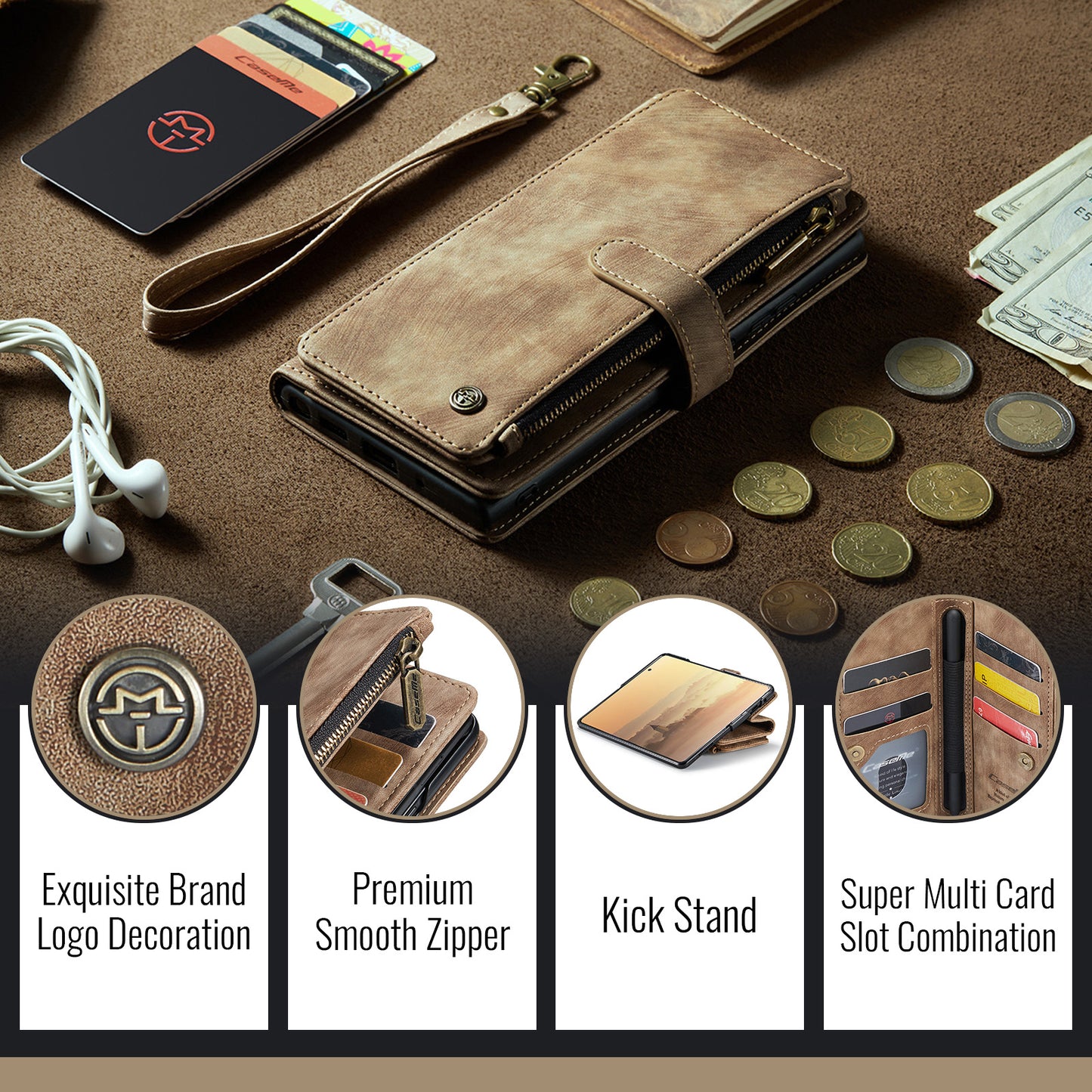 For Samsung Galaxy Z Fold7 5G Phone Cases with Strap CASEME C30 Zipper Multiple Card Holder PU Leather Cover - Brown