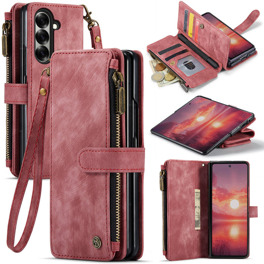 For Samsung Galaxy Z Fold7 5G Phone Cases with Strap CASEME C30 Zipper Multiple Card Holder PU Leather Cover - Red