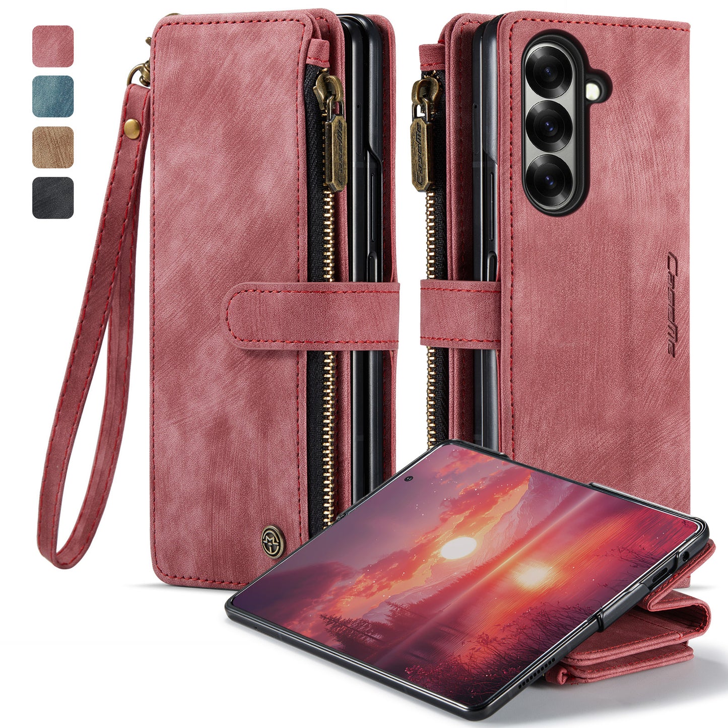 For Samsung Galaxy Z Fold7 5G Phone Cases with Strap CASEME C30 Zipper Multiple Card Holder PU Leather Cover - Red