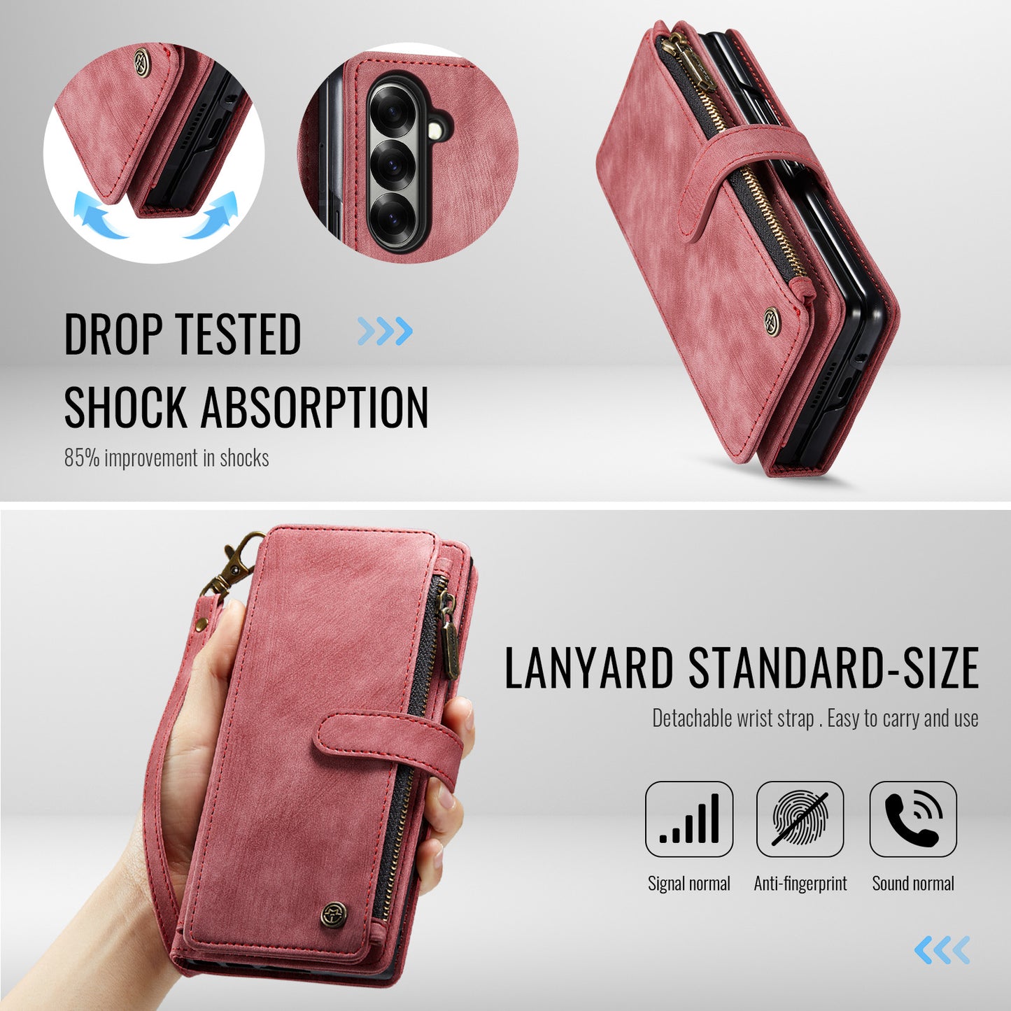 For Samsung Galaxy Z Fold7 5G Phone Cases with Strap CASEME C30 Zipper Multiple Card Holder PU Leather Cover - Red