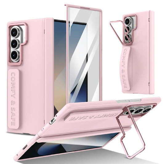 For Samsung Galaxy Z Fold7 5G Case Lens Kickstand Hinge Protection PC Phone Cover with Screen Film - Pink