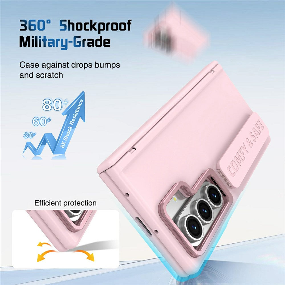 For Samsung Galaxy Z Fold7 5G Case Lens Kickstand Hinge Protection PC Phone Cover with Screen Film - Pink