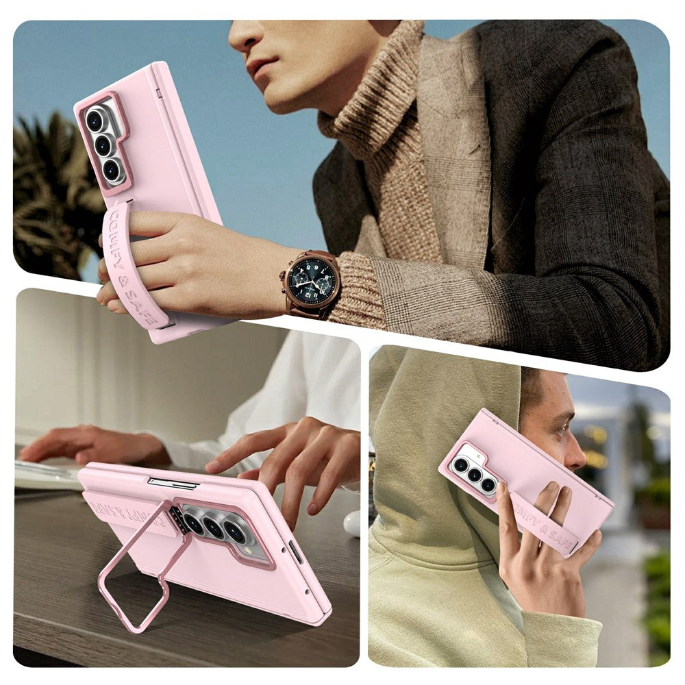 For Samsung Galaxy Z Fold7 5G Case Lens Kickstand Hinge Protection PC Phone Cover with Screen Film - Pink