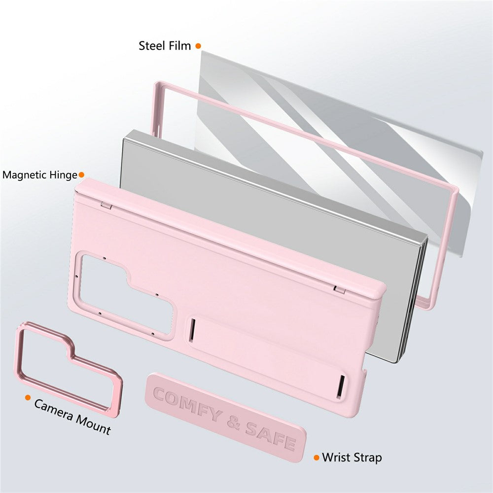 For Samsung Galaxy Z Fold7 5G Case Lens Kickstand Hinge Protection PC Phone Cover with Screen Film - Pink