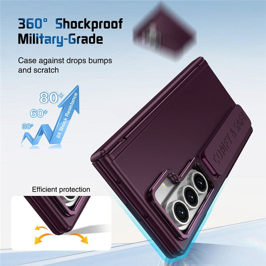 For Samsung Galaxy Z Fold7 5G Case Lens Kickstand Hinge Protection PC Phone Cover with Screen Film - Wine Red