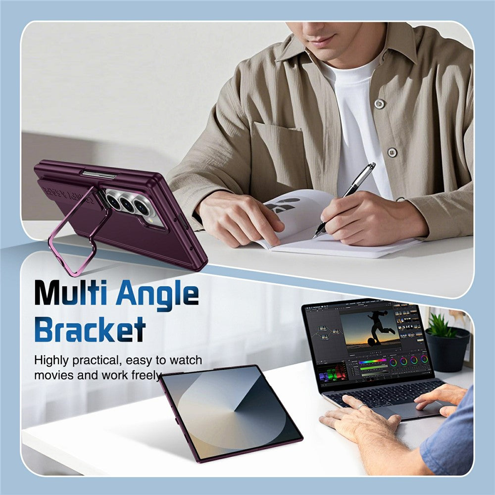 For Samsung Galaxy Z Fold7 5G Case Lens Kickstand Hinge Protection PC Phone Cover with Screen Film - Wine Red