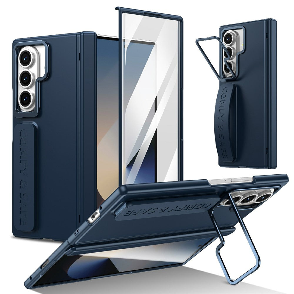For Samsung Galaxy Z Fold7 5G Case Lens Kickstand Hinge Protection PC Phone Cover with Screen Film - Dark Blue