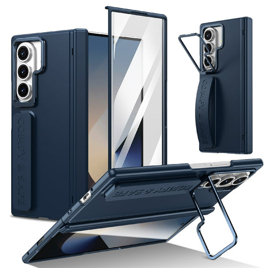 For Samsung Galaxy Z Fold7 5G Case Lens Kickstand Hinge Protection PC Phone Cover with Screen Film - Dark Blue