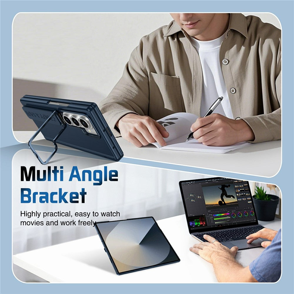 For Samsung Galaxy Z Fold7 5G Case Lens Kickstand Hinge Protection PC Phone Cover with Screen Film - Dark Blue