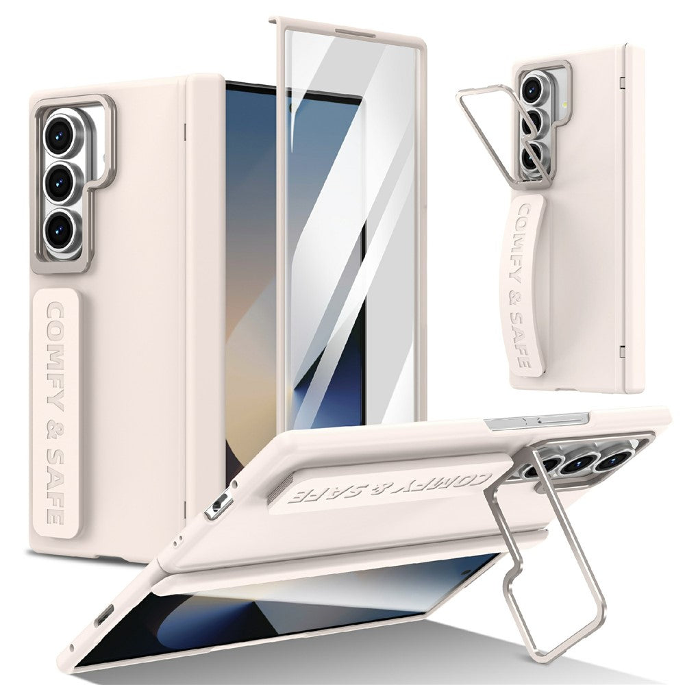 For Samsung Galaxy Z Fold7 5G Case Lens Kickstand Hinge Protection PC Phone Cover with Screen Film - Apricot