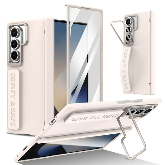 For Samsung Galaxy Z Fold7 5G Case Lens Kickstand Hinge Protection PC Phone Cover with Screen Film - Apricot