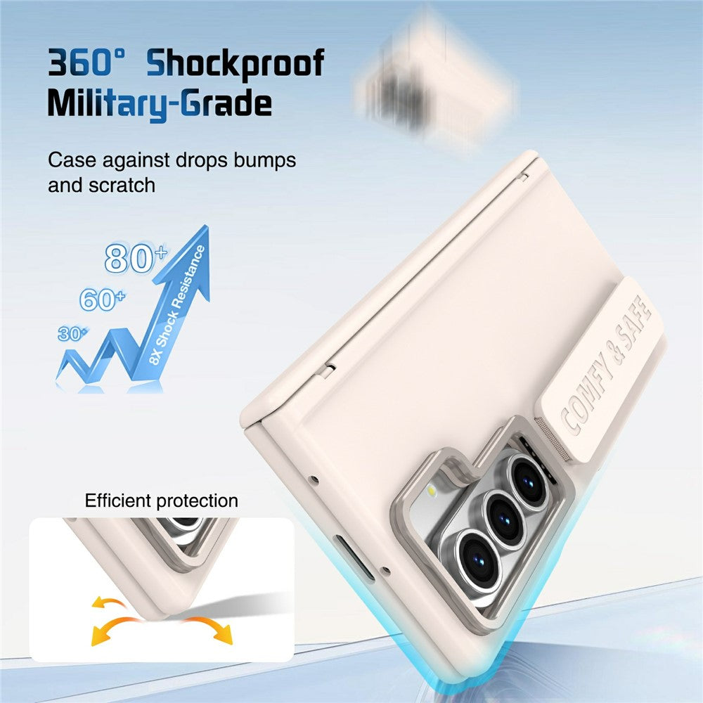 For Samsung Galaxy Z Fold7 5G Case Lens Kickstand Hinge Protection PC Phone Cover with Screen Film - Apricot