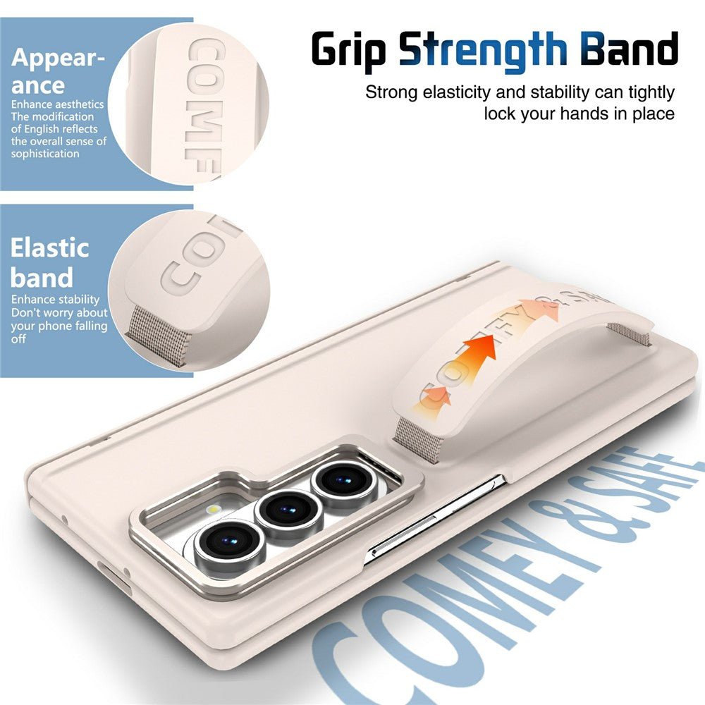 For Samsung Galaxy Z Fold7 5G Case Lens Kickstand Hinge Protection PC Phone Cover with Screen Film - Apricot