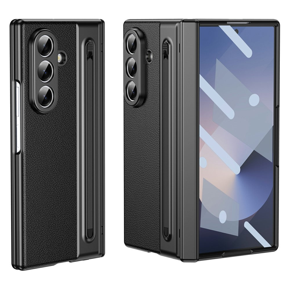 For Samsung Galaxy Z Fold7 5G Case Matte Electroplated Leather + PC Phone Cover with Screen Film / Stylus - Black