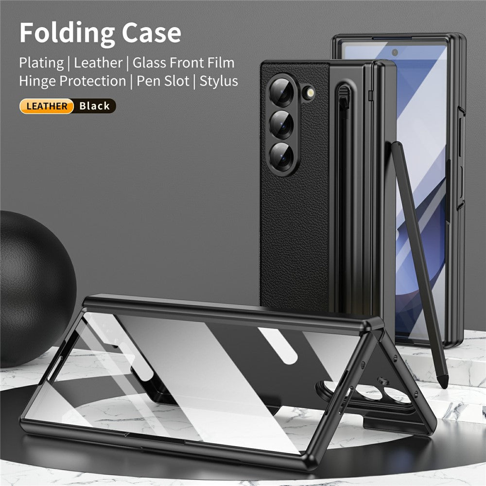 For Samsung Galaxy Z Fold7 5G Case Matte Electroplated Leather + PC Phone Cover with Screen Film / Stylus - Black