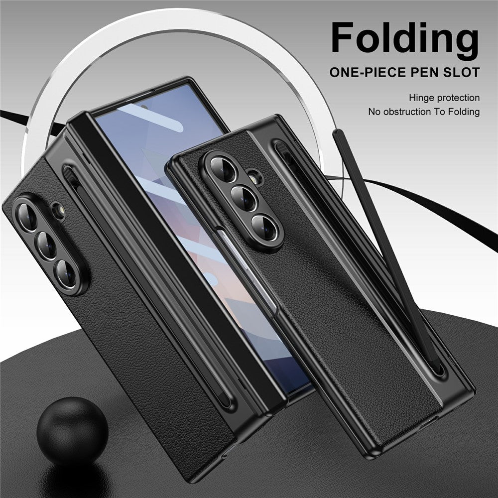 For Samsung Galaxy Z Fold7 5G Case Matte Electroplated Leather + PC Phone Cover with Screen Film / Stylus - Black