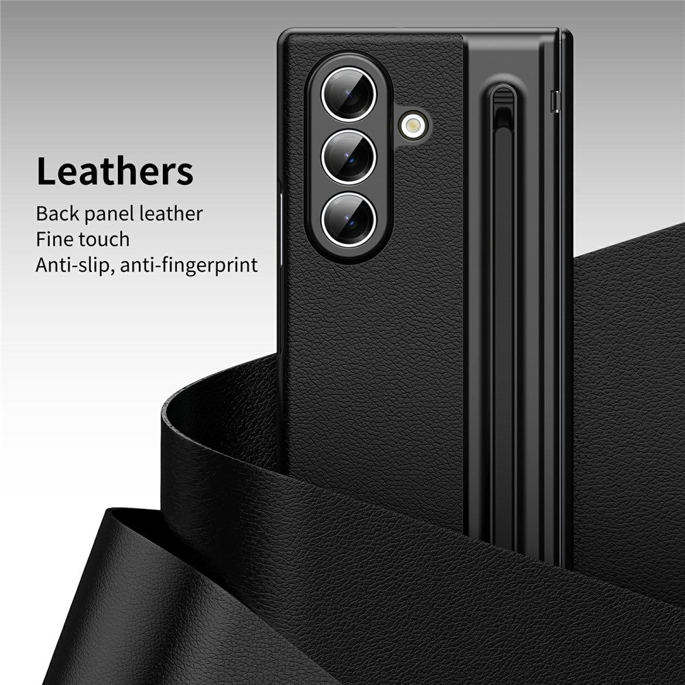 For Samsung Galaxy Z Fold7 5G Case Matte Electroplated Leather + PC Phone Cover with Screen Film / Stylus - Black