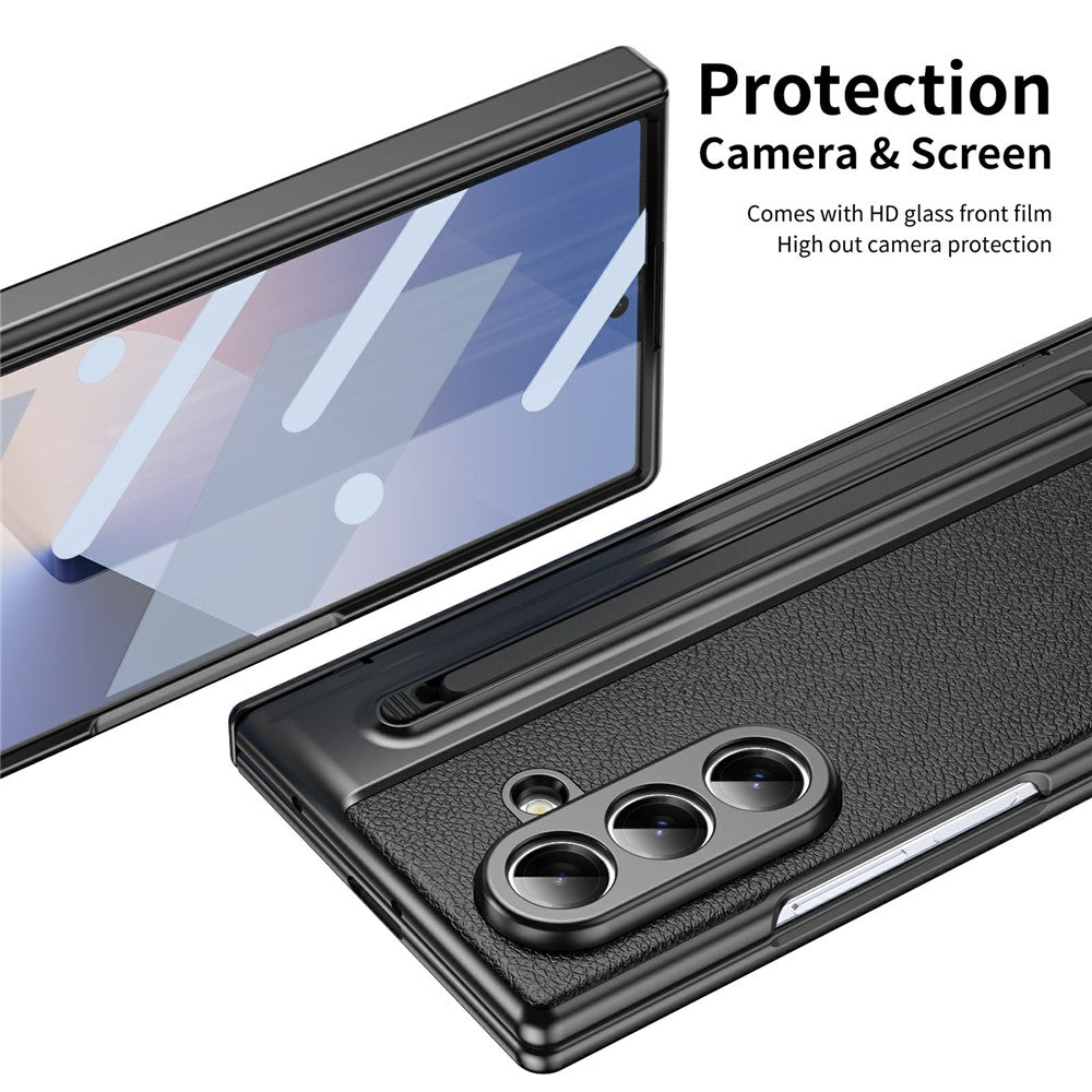 For Samsung Galaxy Z Fold7 5G Case Matte Electroplated Leather + PC Phone Cover with Screen Film / Stylus - Black
