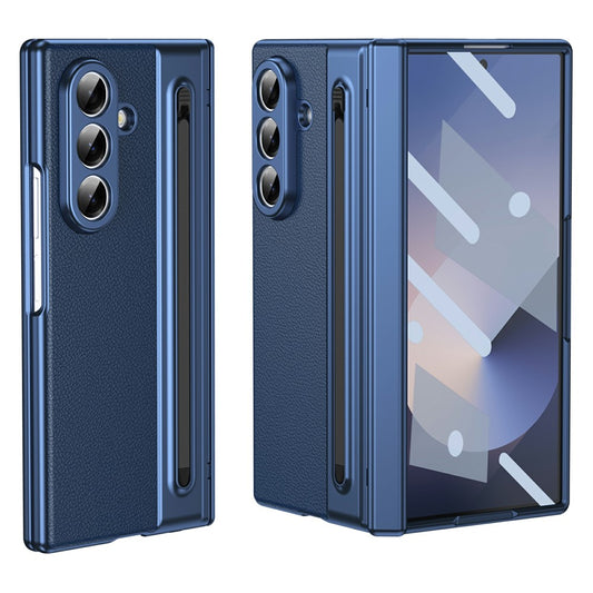 For Samsung Galaxy Z Fold7 5G Case Matte Electroplated Leather + PC Phone Cover with Screen Film / Stylus - Blue