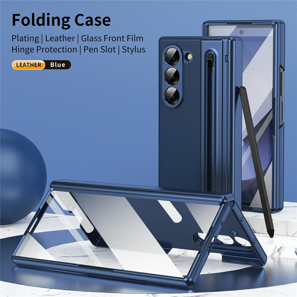 For Samsung Galaxy Z Fold7 5G Case Matte Electroplated Leather + PC Phone Cover with Screen Film / Stylus - Blue