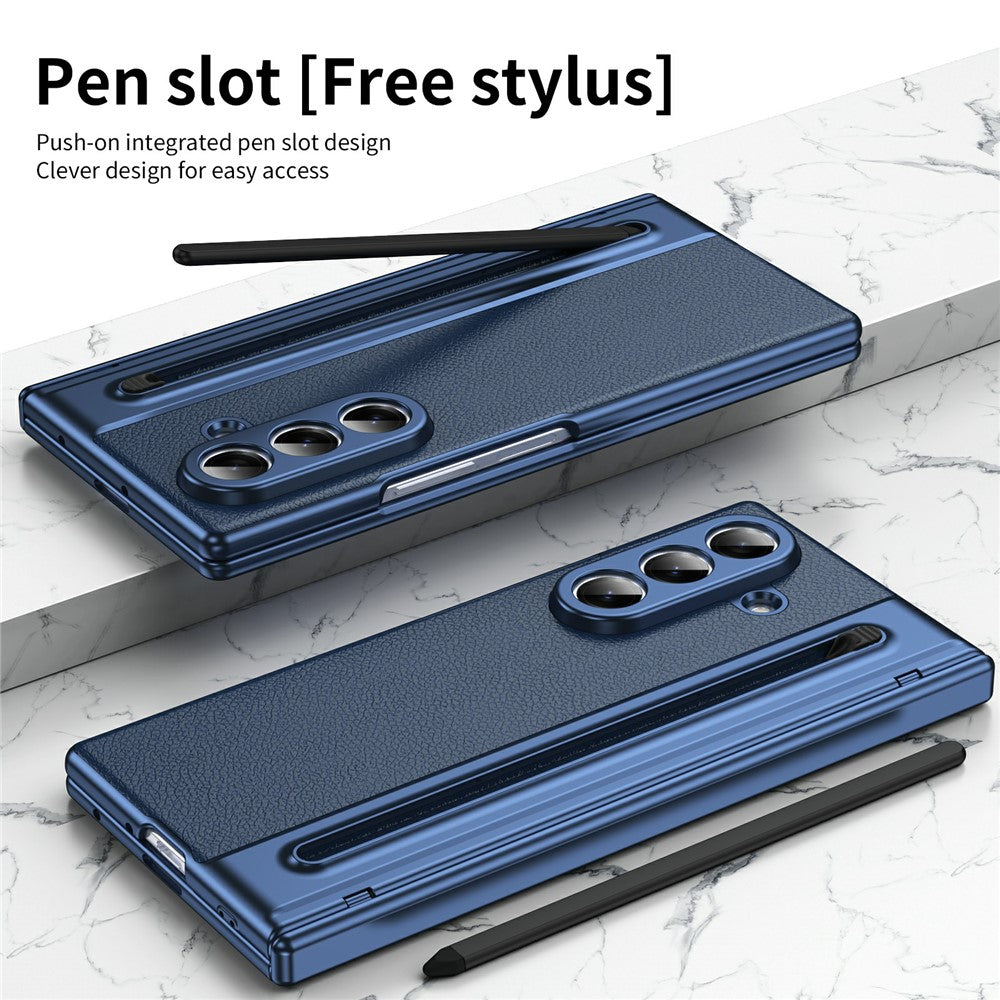 For Samsung Galaxy Z Fold7 5G Case Matte Electroplated Leather + PC Phone Cover with Screen Film / Stylus - Blue