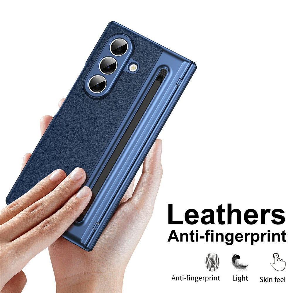 For Samsung Galaxy Z Fold7 5G Case Matte Electroplated Leather + PC Phone Cover with Screen Film / Stylus - Blue