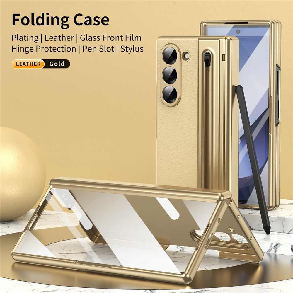 For Samsung Galaxy Z Fold7 5G Case Matte Electroplated Leather + PC Phone Cover with Screen Film / Stylus - Gold