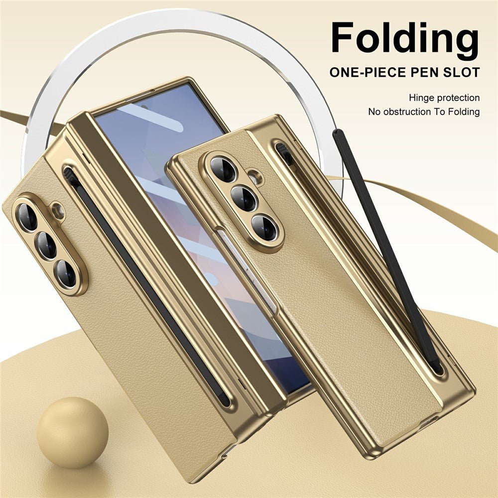 For Samsung Galaxy Z Fold7 5G Case Matte Electroplated Leather + PC Phone Cover with Screen Film / Stylus - Gold