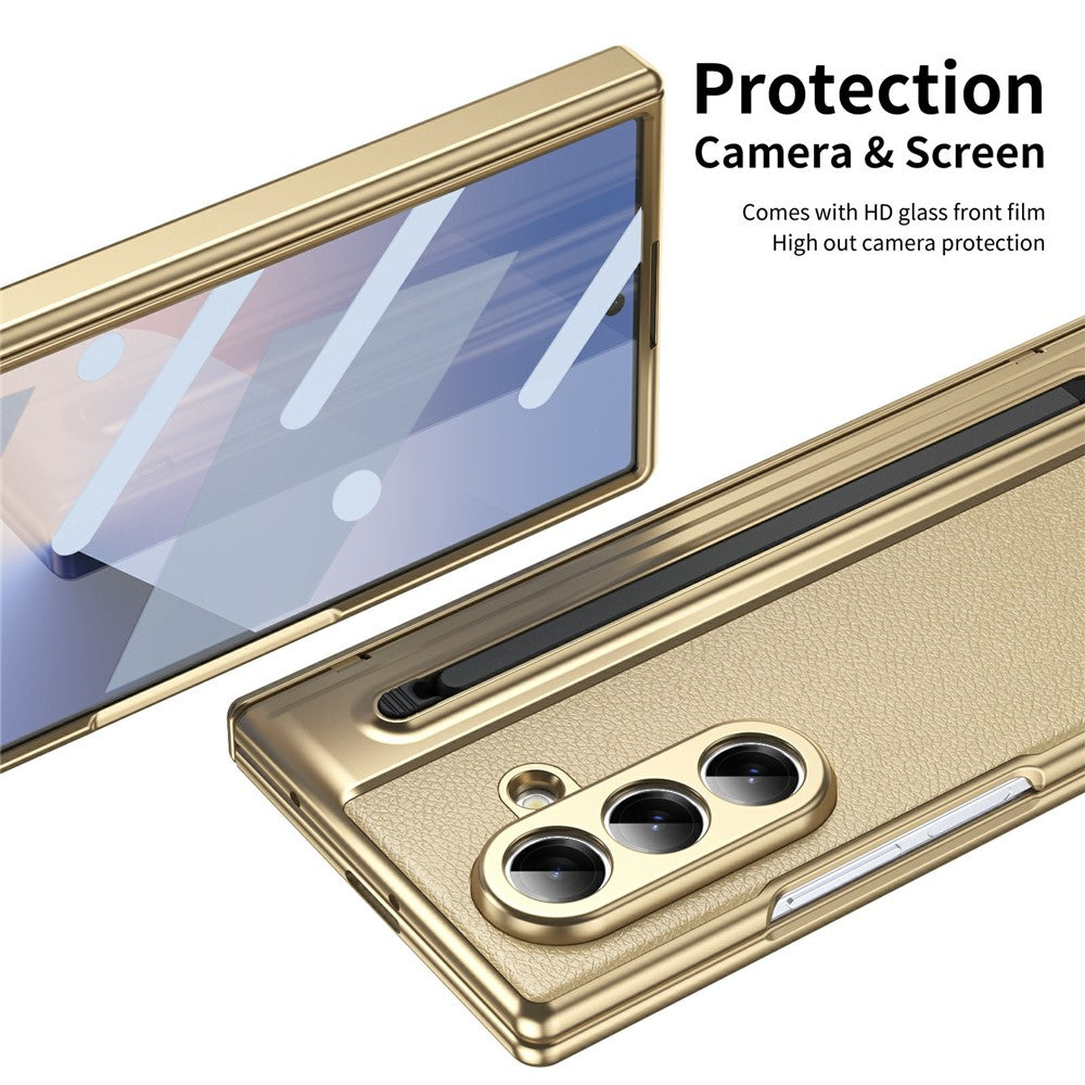 For Samsung Galaxy Z Fold7 5G Case Matte Electroplated Leather + PC Phone Cover with Screen Film / Stylus - Gold