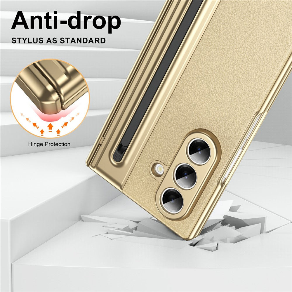 For Samsung Galaxy Z Fold7 5G Case Matte Electroplated Leather + PC Phone Cover with Screen Film / Stylus - Gold