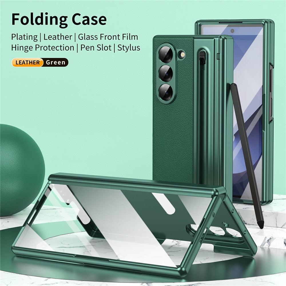 For Samsung Galaxy Z Fold7 5G Case Matte Electroplated Leather + PC Phone Cover with Screen Film / Stylus - Green