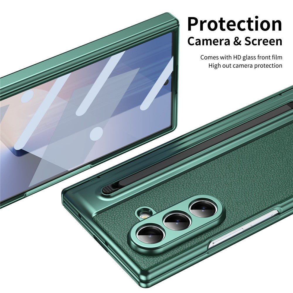 For Samsung Galaxy Z Fold7 5G Case Matte Electroplated Leather + PC Phone Cover with Screen Film / Stylus - Green