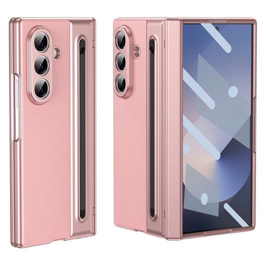 For Samsung Galaxy Z Fold7 5G Case Matte Electroplated Leather + PC Phone Cover with Screen Film / Stylus - Pink