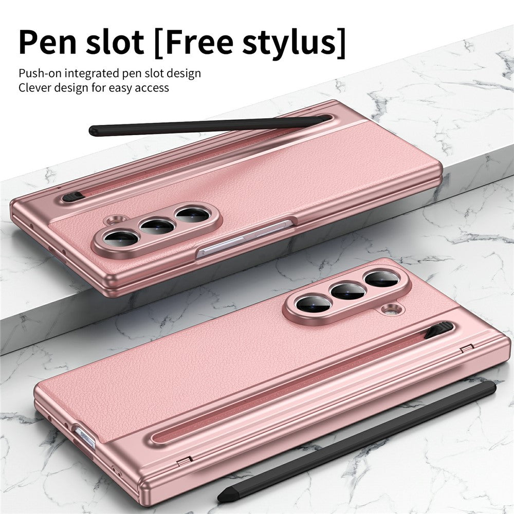 For Samsung Galaxy Z Fold7 5G Case Matte Electroplated Leather + PC Phone Cover with Screen Film / Stylus - Pink