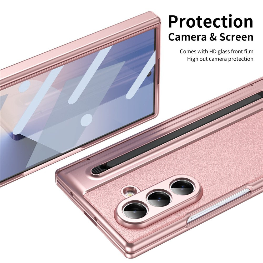 For Samsung Galaxy Z Fold7 5G Case Matte Electroplated Leather + PC Phone Cover with Screen Film / Stylus - Pink