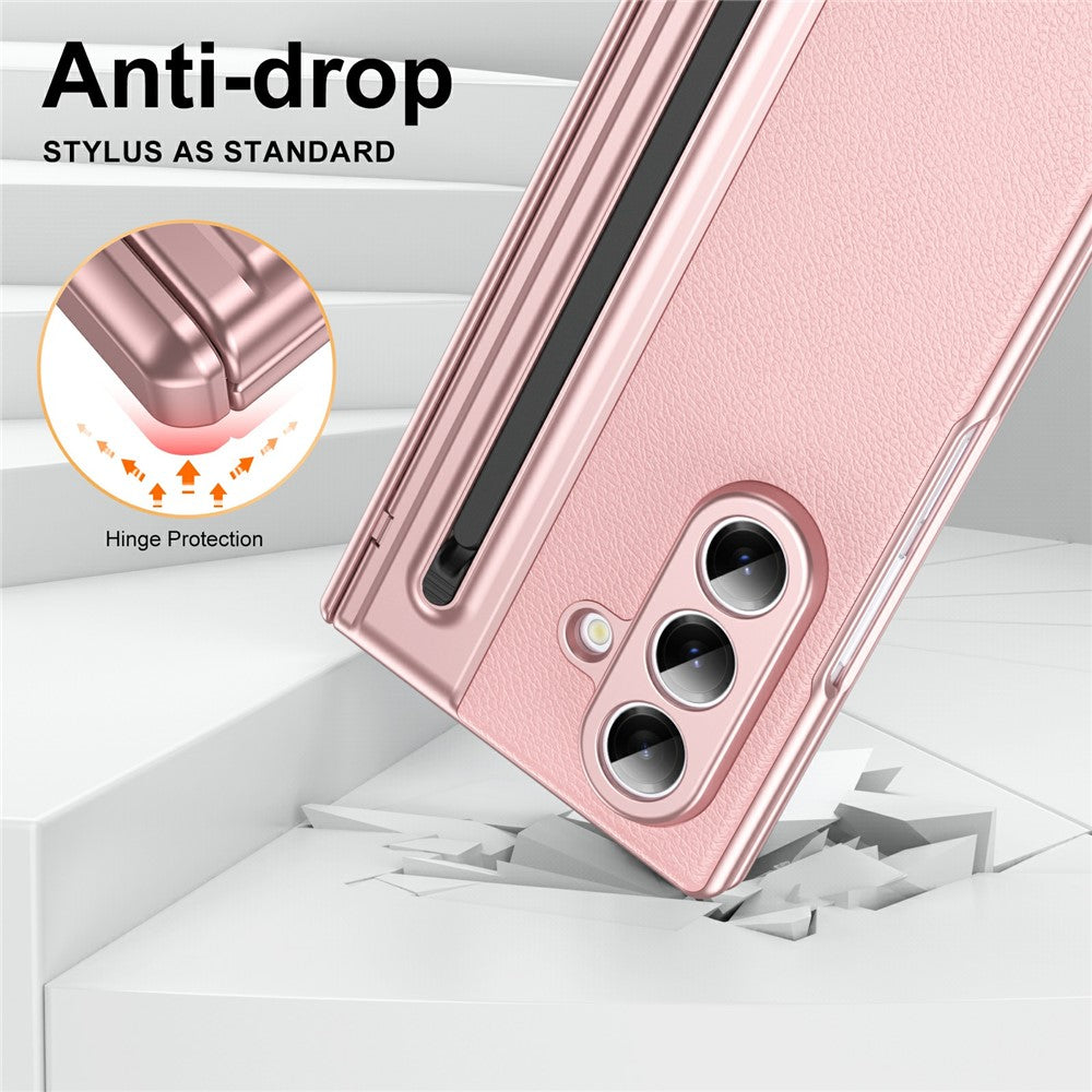 For Samsung Galaxy Z Fold7 5G Case Matte Electroplated Leather + PC Phone Cover with Screen Film / Stylus - Pink