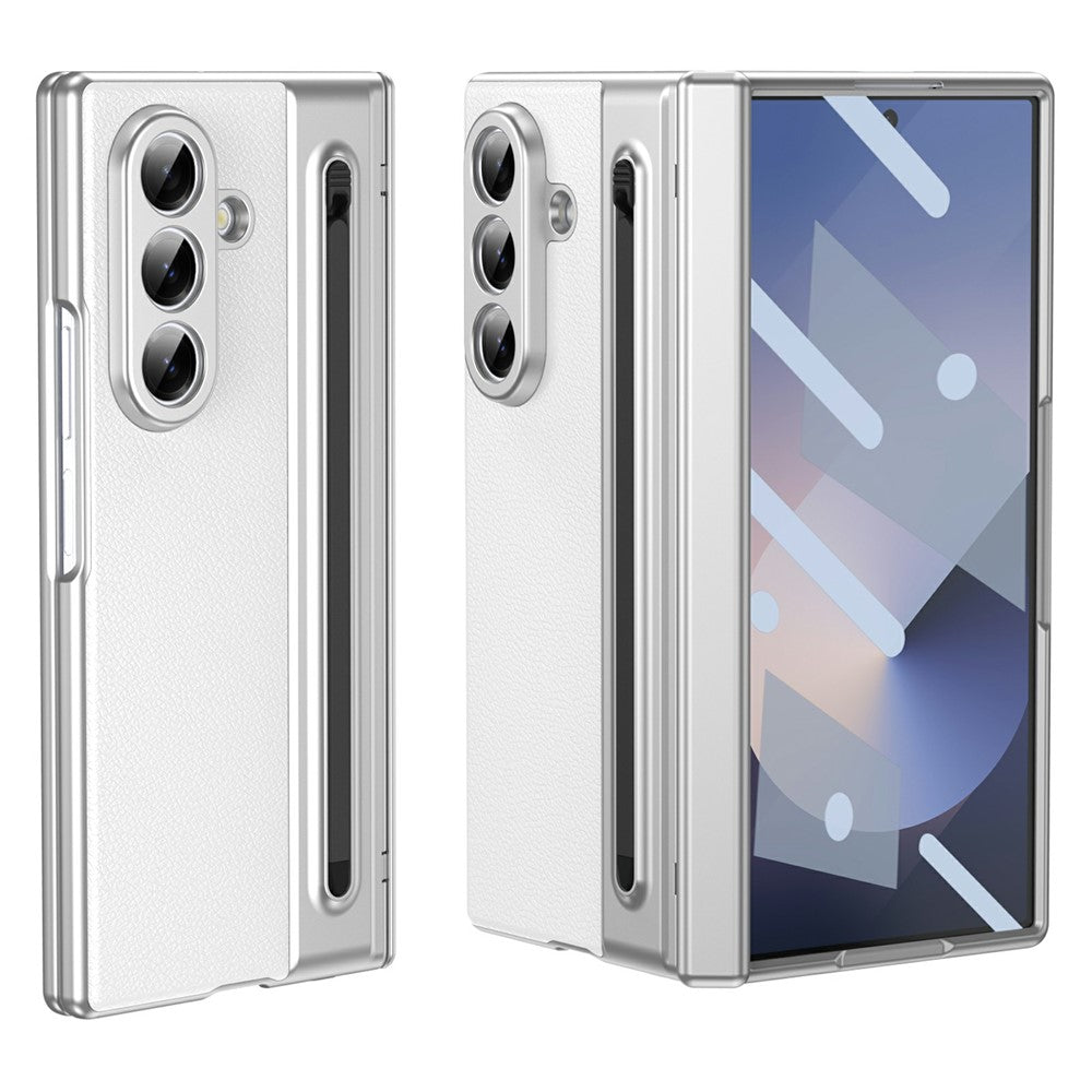 For Samsung Galaxy Z Fold7 5G Case Matte Electroplated Leather + PC Phone Cover with Screen Film / Stylus - White