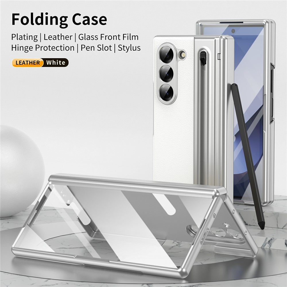For Samsung Galaxy Z Fold7 5G Case Matte Electroplated Leather + PC Phone Cover with Screen Film / Stylus - White