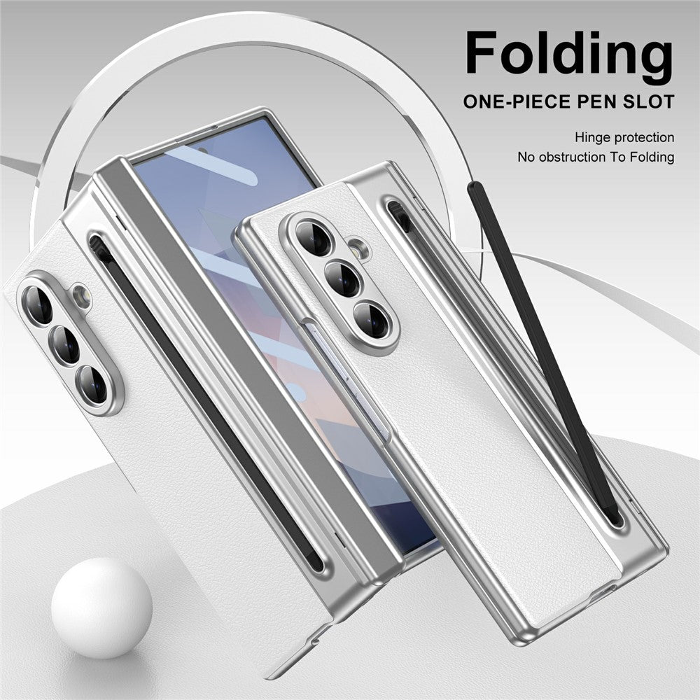 For Samsung Galaxy Z Fold7 5G Case Matte Electroplated Leather + PC Phone Cover with Screen Film / Stylus - White