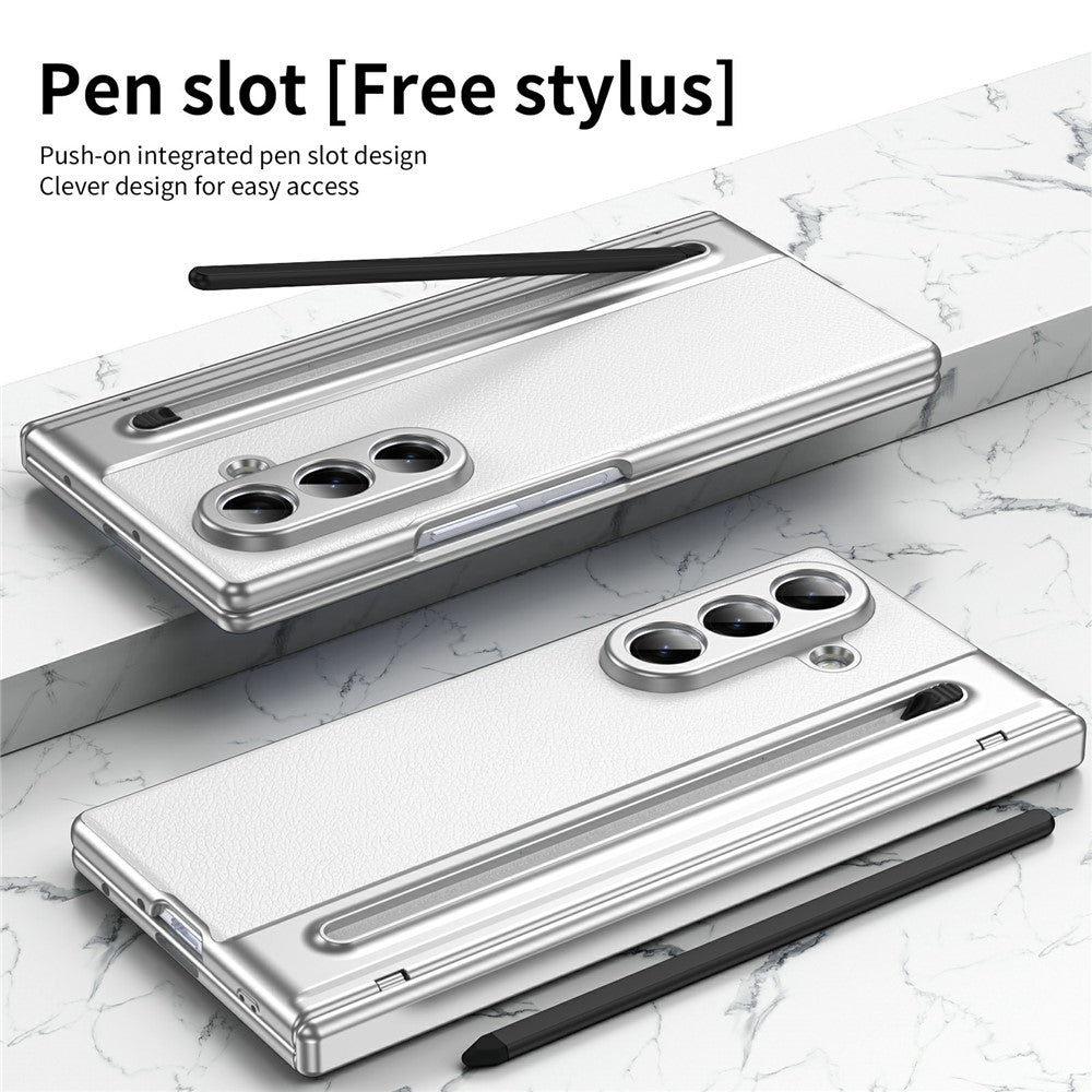 For Samsung Galaxy Z Fold7 5G Case Matte Electroplated Leather + PC Phone Cover with Screen Film / Stylus - White
