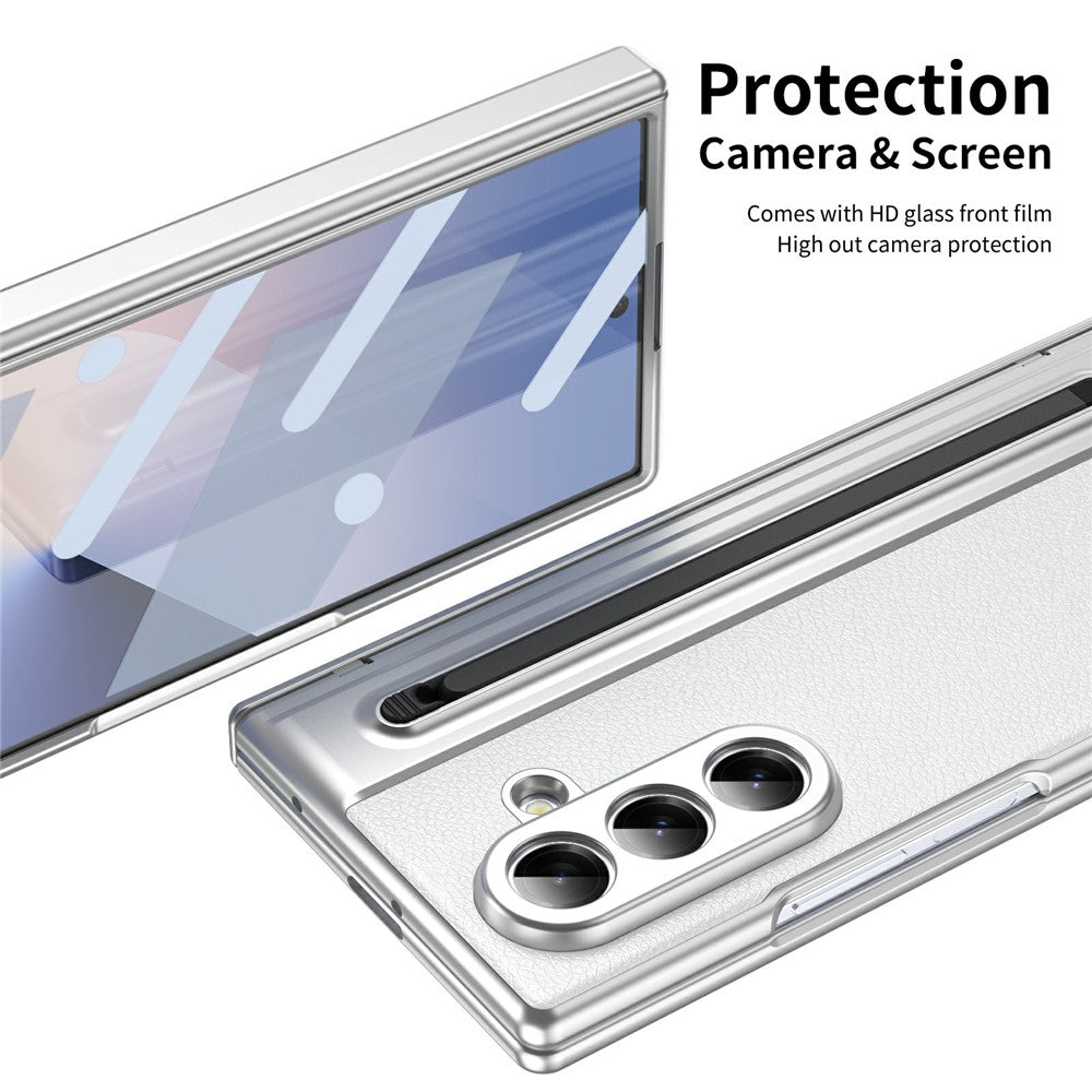 For Samsung Galaxy Z Fold7 5G Case Matte Electroplated Leather + PC Phone Cover with Screen Film / Stylus - White