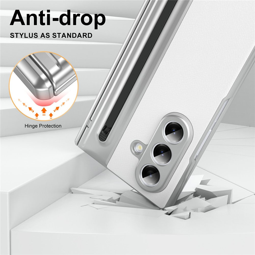 For Samsung Galaxy Z Fold7 5G Case Matte Electroplated Leather + PC Phone Cover with Screen Film / Stylus - White