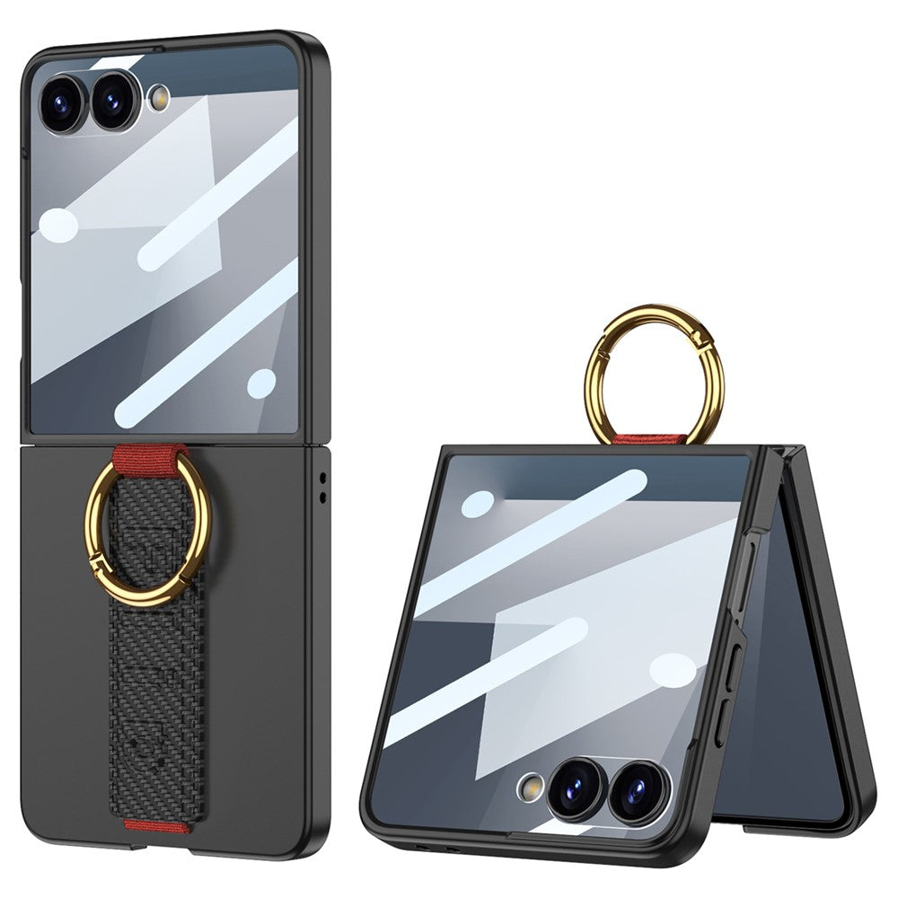GKK For Samsung Galaxy Z Flip7 5G Case Folding Wristband Phone Cover with HD Screen Protector - Carbon Fiber Texture