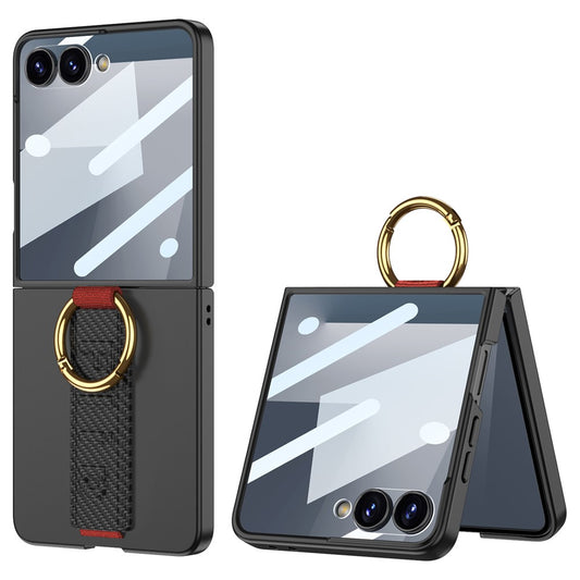 GKK For Samsung Galaxy Z Flip7 5G Case Folding Wristband Phone Cover with HD Screen Protector - Carbon Fiber Texture