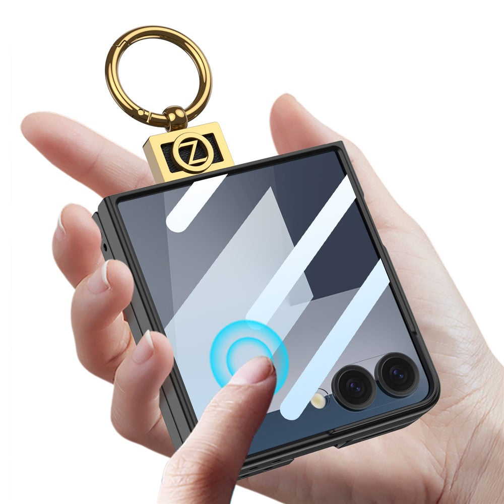 GKK For Samsung Galaxy Z Flip7 5G PC Phone Case with Ring Holder + Tempered Glass Front Screen Film - Black