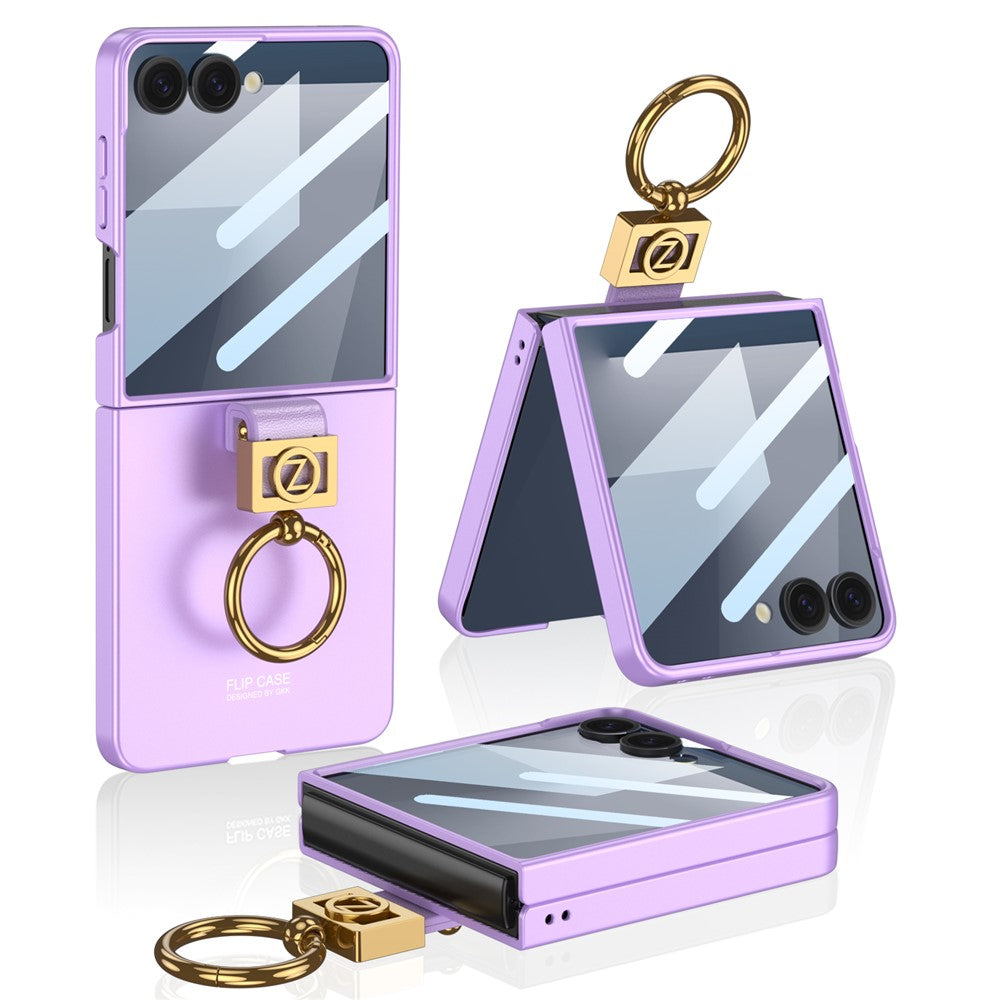 GKK For Samsung Galaxy Z Flip7 5G PC Phone Case with Ring Holder + Tempered Glass Front Screen Film - Purple